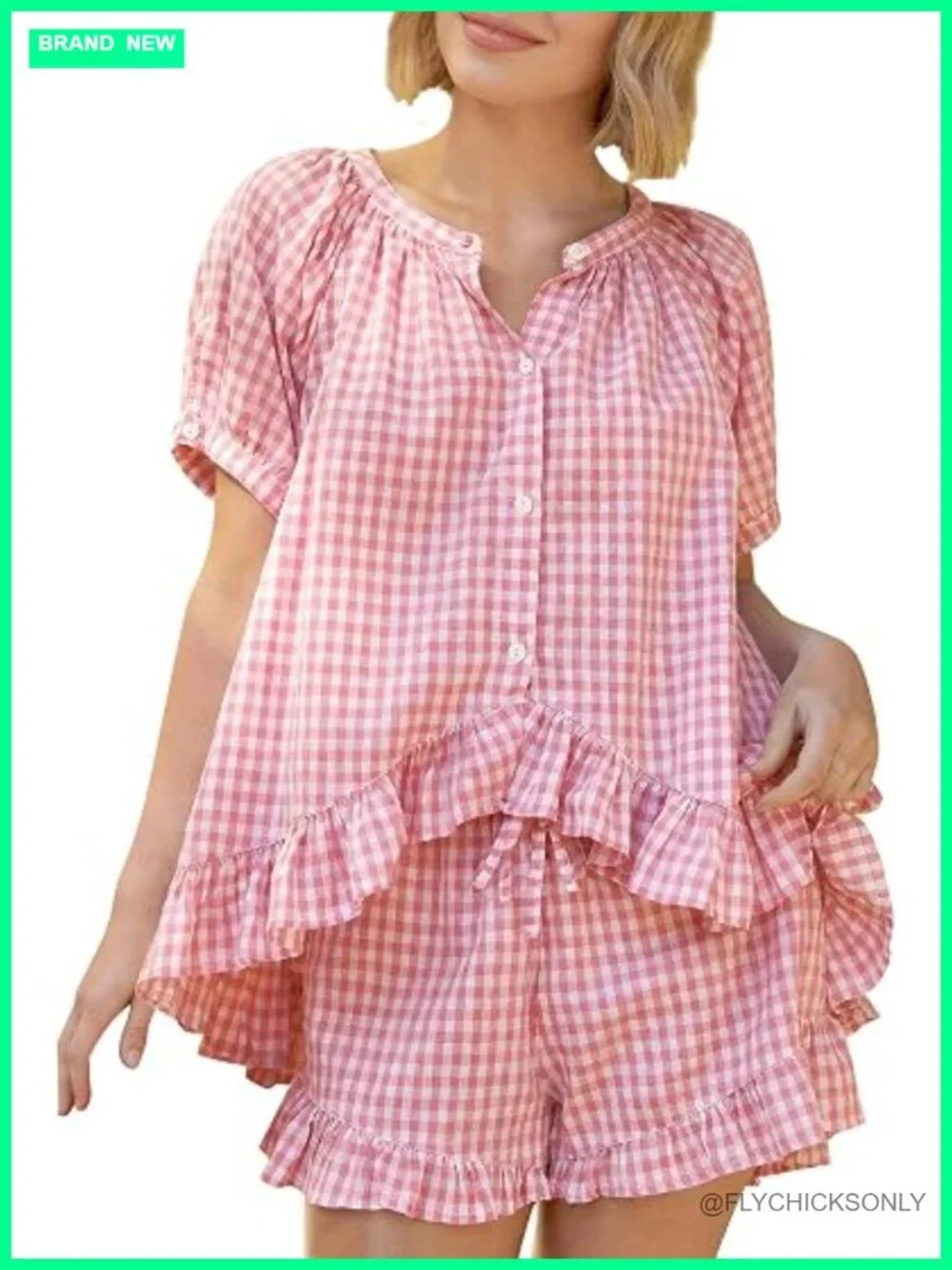 Women's Cotton Gingham Pajama Set - Button Down Top & ruffle Shorts